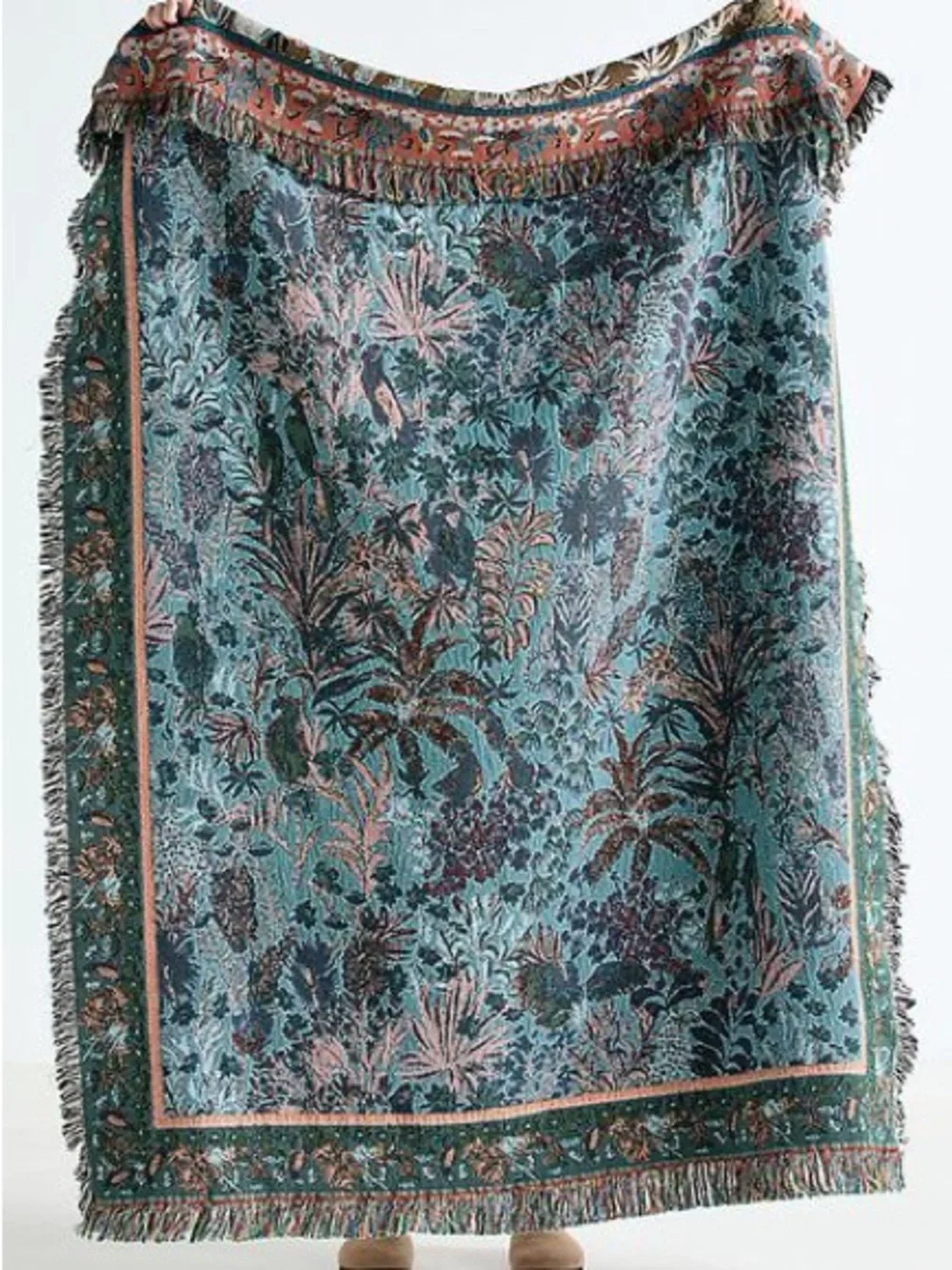 Anthropologie Estella Olive Multi Botanical Fringe Throw Blanket